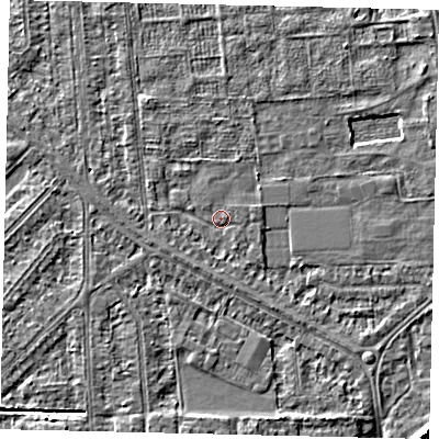 Shaded relief map of the ground around HU54BP, computed from Environment Agency LiDAR. The ground here sits at about 2 m above sea level and falls 7 m across the surrounding 800 m. Surface water reaching this point runs off ground lying to the south-south-west, 0.9 m higher.