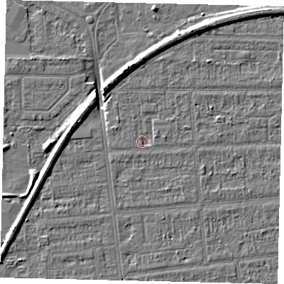 Shaded relief map of the ground around HU54DA, computed from Environment Agency LiDAR. The ground here sits at about 2 m above sea level and falls 8 m across the surrounding 800 m. Surface water reaching this point runs off ground lying to the east, 1.3 m higher.