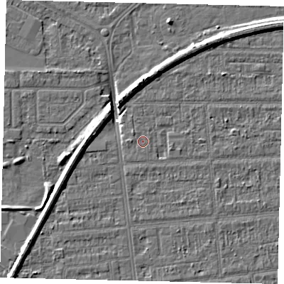 Shaded relief map of the ground around HU54DB, computed from Environment Agency LiDAR. The ground here sits at about 2 m above sea level and falls 8 m across the surrounding 800 m. Surface water reaching this point runs off ground lying to the east-south-east, 1.3 m higher.