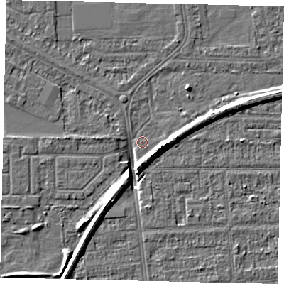 Shaded relief map of the ground around HU54DD, computed from Environment Agency LiDAR. The ground here sits at about 2 m above sea level and falls 8 m across the surrounding 800 m. Surface water reaching this point runs off ground lying to the east, 7.2 m higher.