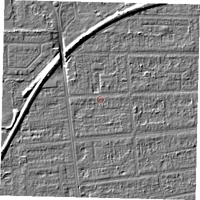 Shaded relief map of the ground around HU54DE, computed from Environment Agency LiDAR. The ground here sits at about 2 m above sea level and falls 8 m across the surrounding 800 m. Surface water reaching this point runs off ground lying to the east-south-east, 1.0 m higher.