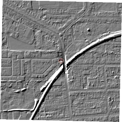 Shaded relief map of the ground around HU54DL, computed from Environment Agency LiDAR. The ground here sits at about 1 m above sea level and falls 8 m across the surrounding 800 m. Surface water reaching this point runs off ground lying to the south-south-east, 6.5 m higher.
