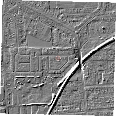Shaded relief map of the ground around HU54DN, computed from Environment Agency LiDAR. The ground here sits at about 2 m above sea level and falls 8 m across the surrounding 800 m. Surface water reaching this point runs off ground lying to the north-east, 1.0 m higher.