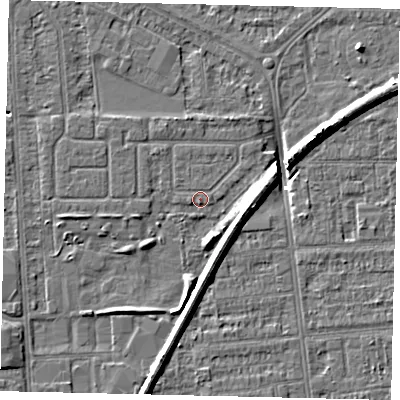 Shaded relief map of the ground around HU54DP, computed from Environment Agency LiDAR. The ground here sits at about 2 m above sea level and falls 8 m across the surrounding 800 m. Surface water reaching this point runs off ground lying to the north-north-east, 1.0 m higher.