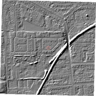 Shaded relief map of the ground around HU54DR, computed from Environment Agency LiDAR. The ground here sits at about 2 m above sea level and falls 8 m across the surrounding 800 m. Surface water reaching this point runs off ground lying to the north-north-east, 1.0 m higher.