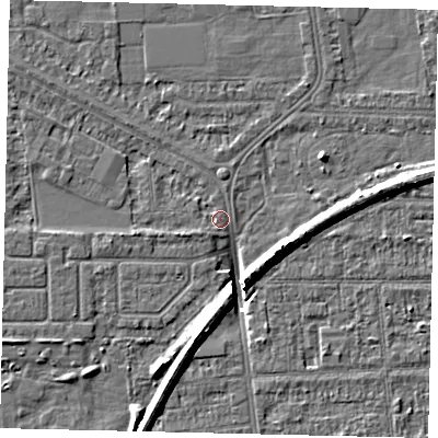 Shaded relief map of the ground around HU54DS, computed from Environment Agency LiDAR. The ground here sits at about 2 m above sea level and falls 8 m across the surrounding 800 m. Surface water reaching this point runs off ground lying to the north, 0.6 m higher.