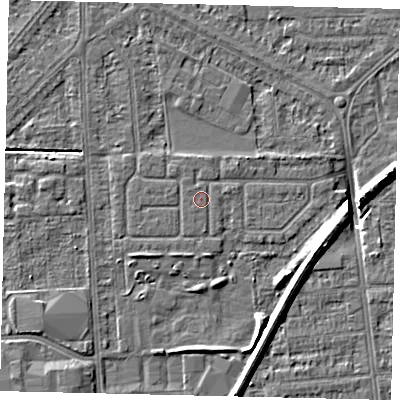Shaded relief map of the ground around HU54DU, computed from Environment Agency LiDAR. The ground here sits at about 2 m above sea level and falls 8 m across the surrounding 800 m. Surface water reaching this point runs off ground lying to the north, 0.5 m higher.