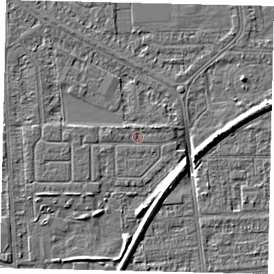 Shaded relief map of the ground around HU54DW, computed from Environment Agency LiDAR. The ground here sits at about 2 m above sea level and falls 8 m across the surrounding 800 m. Surface water reaching this point runs off ground lying to the east-north-east, 1.0 m higher.