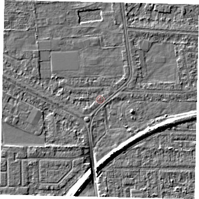 Shaded relief map of the ground around HU54DY, computed from Environment Agency LiDAR. The ground here sits at about 2 m above sea level and falls 8 m across the surrounding 800 m. Surface water reaching this point runs off ground lying to the south-west, 0.7 m higher.