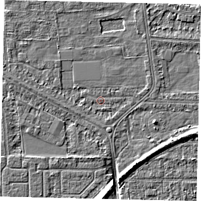 Shaded relief map of the ground around HU54DZ, computed from Environment Agency LiDAR. The ground here sits at about 2 m above sea level and falls 8 m across the surrounding 800 m. Surface water reaching this point runs off ground lying to the south-east, 0.9 m higher.