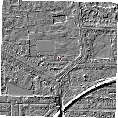 Shaded relief map of the ground around HU54EA, computed from Environment Agency LiDAR. The ground here sits at about 2 m above sea level and falls 8 m across the surrounding 800 m. Surface water reaching this point runs off ground lying to the west, 0.6 m higher.