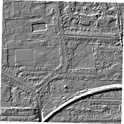 Shaded relief map of the ground around HU54EB, computed from Environment Agency LiDAR. The ground here sits at about 2 m above sea level and falls 8 m across the surrounding 800 m. Surface water reaching this point runs off ground lying to the south-south-west, 0.6 m higher.