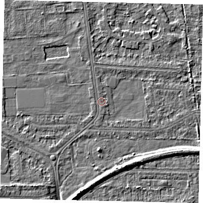 Shaded relief map of the ground around HU54ED, computed from Environment Agency LiDAR. The ground here sits at about 2 m above sea level and falls 7 m across the surrounding 800 m. Surface water reaching this point runs off ground lying to the south-south-west, 1.1 m higher.