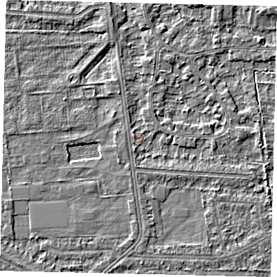 Shaded relief map of the ground around HU54EE, computed from Environment Agency LiDAR. The ground here sits at about 2 m above sea level and falls 2 m across the surrounding 800 m. Surface water reaching this point runs off ground lying to the west-north-west, 1.2 m higher.