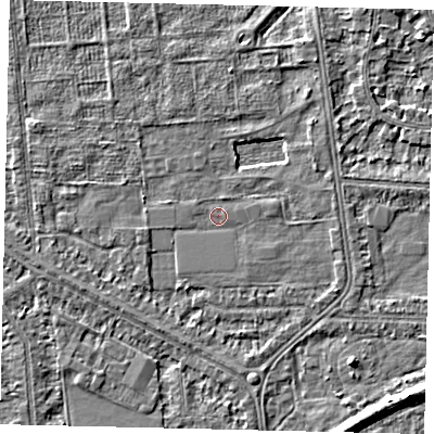 Shaded relief map of the ground around HU54EF, computed from Environment Agency LiDAR. The ground here sits at about 2 m above sea level and falls 5 m across the surrounding 800 m. Surface water reaching this point runs off ground lying to the south-south-west, 1.0 m higher.