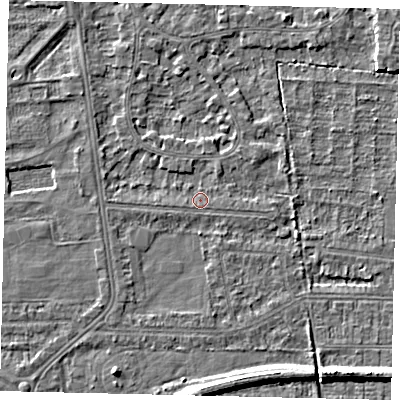Shaded relief map of the ground around HU54EG, computed from Environment Agency LiDAR. The ground here sits at about 2 m above sea level and falls 5 m across the surrounding 800 m. The ground contributing surface water to this point lies to the east-south-east.