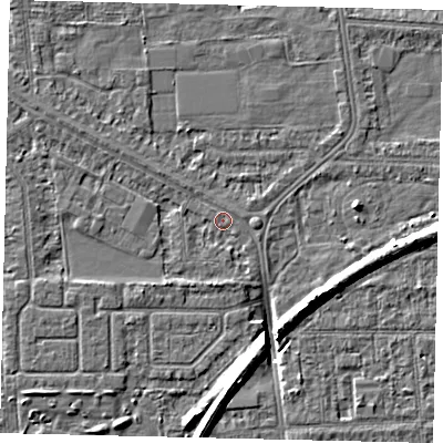Shaded relief map of the ground around HU54EP, computed from Environment Agency LiDAR. The ground here sits at about 2 m above sea level and falls 8 m across the surrounding 800 m. Surface water reaching this point runs off ground lying to the south, 1.4 m higher.