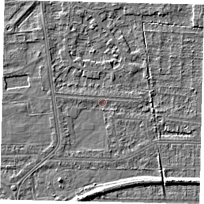 Shaded relief map of the ground around HU54EQ, computed from Environment Agency LiDAR. The ground here sits at about 2 m above sea level and falls 5 m across the surrounding 800 m. Surface water reaching this point runs off ground lying to the south-west, 1.1 m higher.