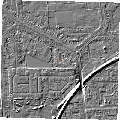 Shaded relief map of the ground around HU54ES, computed from Environment Agency LiDAR. The ground here sits at about 2 m above sea level and falls 8 m across the surrounding 800 m. Surface water reaching this point runs off ground lying to the south-south-east, 1.4 m higher.