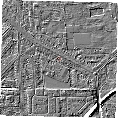 Shaded relief map of the ground around HU54ET, computed from Environment Agency LiDAR. The ground here sits at about 2 m above sea level and falls 8 m across the surrounding 800 m. Surface water reaching this point runs off ground lying to the south-south-east, 1.8 m higher.