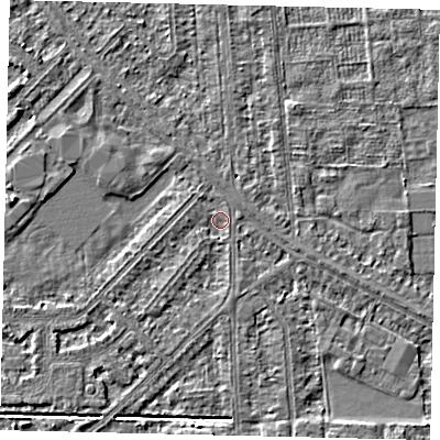 Shaded relief map of the ground around HU54EX, computed from Environment Agency LiDAR. The ground here sits at about 2 m above sea level and falls 3 m across the surrounding 800 m. Surface water reaching this point runs off ground lying to the north, 1.3 m higher.
