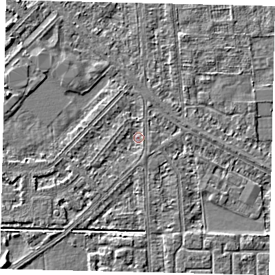 Shaded relief map of the ground around HU54EY, computed from Environment Agency LiDAR. The ground here sits at about 2 m above sea level and falls 4 m across the surrounding 800 m. Surface water reaching this point runs off ground lying to the north, 1.5 m higher.