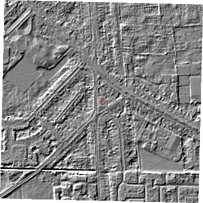 Shaded relief map of the ground around HU54EZ, computed from Environment Agency LiDAR. The ground here sits at about 2 m above sea level and falls 3 m across the surrounding 800 m. Surface water reaching this point runs off ground lying to the north-east, 0.7 m higher.
