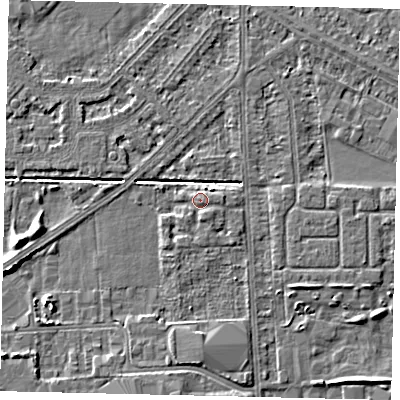 Shaded relief map of the ground around HU54GA, computed from Environment Agency LiDAR. The ground here sits at about 3 m above sea level and falls 5 m across the surrounding 800 m. Surface water reaching this point runs off ground lying to the south-south-east, 1.4 m higher.