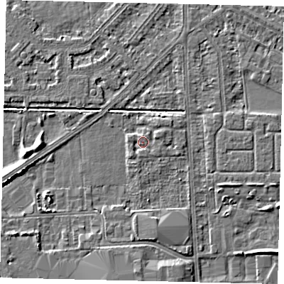 Shaded relief map of the ground around HU54GD, computed from Environment Agency LiDAR. The ground here sits at about 2 m above sea level and falls 6 m across the surrounding 800 m. Surface water reaching this point runs off ground lying to the east-north-east, 1.3 m higher.