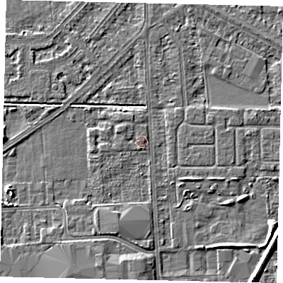 Shaded relief map of the ground around HU54GE, computed from Environment Agency LiDAR. The ground here sits at about 2 m above sea level and falls 5 m across the surrounding 800 m. Surface water reaching this point runs off ground lying to the north-west, 1.0 m higher.