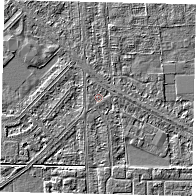 Shaded relief map of the ground around HU54HA, computed from Environment Agency LiDAR. The ground here sits at about 2 m above sea level and falls 3 m across the surrounding 800 m. Surface water reaching this point runs off ground lying to the north-north-east, 0.7 m higher.