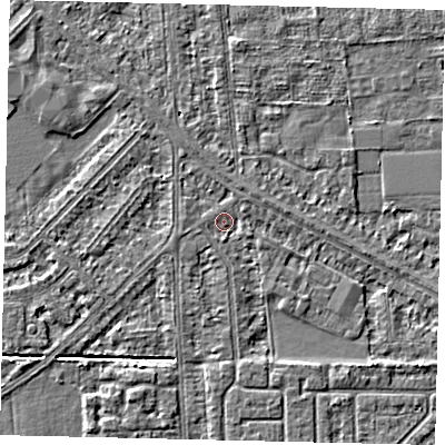Shaded relief map of the ground around HU54HB, computed from Environment Agency LiDAR. The ground here sits at about 2 m above sea level and falls 3 m across the surrounding 800 m. Surface water reaching this point runs off ground lying to the south-east, 1.9 m higher.
