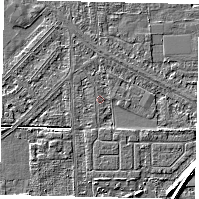 Shaded relief map of the ground around HU54HD, computed from Environment Agency LiDAR. The ground here sits at about 2 m above sea level and falls 6 m across the surrounding 800 m. Surface water reaching this point runs off ground lying to the east-south-east, 1.9 m higher.