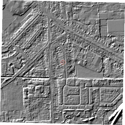 Shaded relief map of the ground around HU54HE, computed from Environment Agency LiDAR. The ground here sits at about 2 m above sea level and falls 6 m across the surrounding 800 m. Surface water reaching this point runs off ground lying to the south, 1.2 m higher.