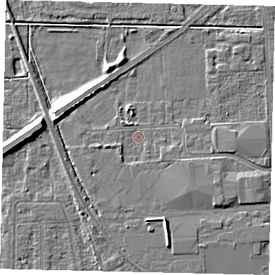 Shaded relief map of the ground around HU54HF, computed from Environment Agency LiDAR. The ground here sits at about 2 m above sea level and falls 9 m across the surrounding 800 m. Surface water reaching this point runs off ground lying to the south-east, 1.8 m higher.