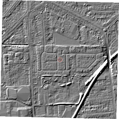 Shaded relief map of the ground around HU54HH, computed from Environment Agency LiDAR. The ground here sits at about 2 m above sea level and falls 7 m across the surrounding 800 m. Surface water reaching this point runs off ground lying to the north-north-west, 0.5 m higher.