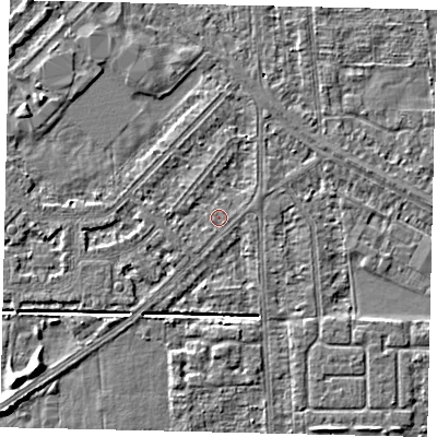 Shaded relief map of the ground around HU54HJ, computed from Environment Agency LiDAR. The ground here sits at about 2 m above sea level and falls 5 m across the surrounding 800 m. Surface water reaching this point runs off ground lying to the north, 1.5 m higher.