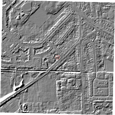 Shaded relief map of the ground around HU54HL, computed from Environment Agency LiDAR. The ground here sits at about 2 m above sea level and falls 7 m across the surrounding 800 m. Surface water reaching this point runs off ground lying to the west, 0.8 m higher.