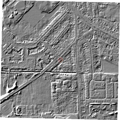 Shaded relief map of the ground around HU54HN, computed from Environment Agency LiDAR. The ground here sits at about 2 m above sea level and falls 6 m across the surrounding 800 m. Surface water reaching this point runs off ground lying to the south-south-east, 1.5 m higher.