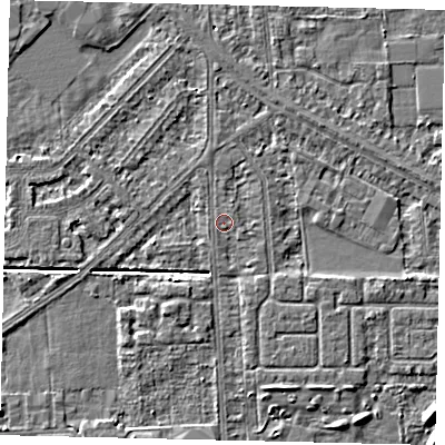 Shaded relief map of the ground around HU54HP, computed from Environment Agency LiDAR. The ground here sits at about 2 m above sea level and falls 5 m across the surrounding 800 m. Surface water reaching this point runs off ground lying to the south-south-west, 1.3 m higher.