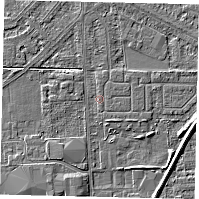 Shaded relief map of the ground around HU54HQ, computed from Environment Agency LiDAR. The ground here sits at about 2 m above sea level and falls 6 m across the surrounding 800 m. Surface water reaching this point runs off ground lying to the south-east, 1.1 m higher.