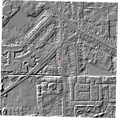 Shaded relief map of the ground around HU54HR, computed from Environment Agency LiDAR. The ground here sits at about 2 m above sea level and falls 4 m across the surrounding 800 m. Surface water reaching this point runs off ground lying to the south, 1.4 m higher.