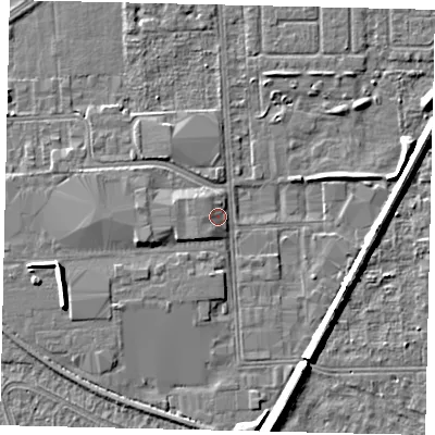 Shaded relief map of the ground around HU54HS, computed from Environment Agency LiDAR. The ground here sits at about 3 m above sea level and falls 6 m across the surrounding 800 m. Surface water reaching this point runs off ground lying to the west-south-west, 1.8 m higher.