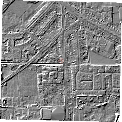 Shaded relief map of the ground around HU54HT, computed from Environment Agency LiDAR. The ground here sits at about 2 m above sea level and falls 5 m across the surrounding 800 m. Surface water reaching this point runs off ground lying to the south-west, 3.1 m higher.