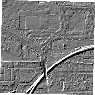 Shaded relief map of the ground around HU54HW, computed from Environment Agency LiDAR. The ground here sits at about 2 m above sea level and falls 8 m across the surrounding 800 m. Surface water reaching this point runs off ground lying to the west-south-west, 1.0 m higher.
