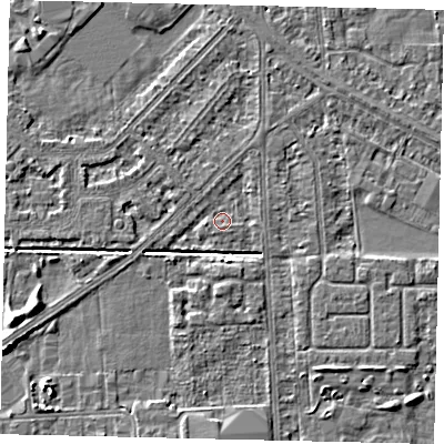 Shaded relief map of the ground around HU54HX, computed from Environment Agency LiDAR. The ground here sits at about 2 m above sea level and falls 5 m across the surrounding 800 m. Surface water reaching this point runs off ground lying to the south-south-east, 1.4 m higher.