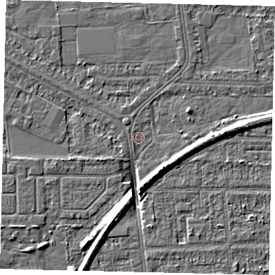 Shaded relief map of the ground around HU54HY, computed from Environment Agency LiDAR. The ground here sits at about 2 m above sea level and falls 8 m across the surrounding 800 m. Surface water reaching this point runs off ground lying to the north-west, 0.5 m higher.
