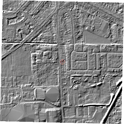 Shaded relief map of the ground around HU54JA, computed from Environment Agency LiDAR. The ground here sits at about 2 m above sea level and falls 6 m across the surrounding 800 m. Surface water reaching this point runs off ground lying to the east-north-east, 0.8 m higher.