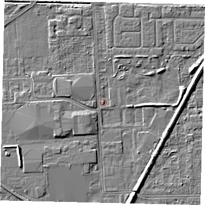 Shaded relief map of the ground around HU54JB, computed from Environment Agency LiDAR. The ground here sits at about 2 m above sea level and falls 7 m across the surrounding 800 m. Surface water reaching this point runs off ground lying to the west-south-west, 2.4 m higher.