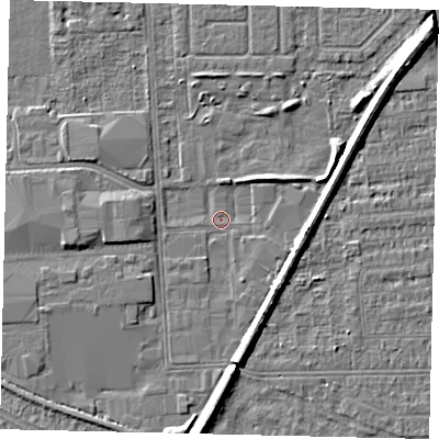 Shaded relief map of the ground around HU54JF, computed from Environment Agency LiDAR. The ground here sits at about 2 m above sea level and falls 8 m across the surrounding 800 m. Surface water reaching this point runs off ground lying to the south, 5.6 m higher.